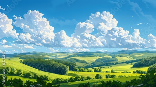 Summer landscape in a hilly region sunny day outdoors with clouds and clear blue sky photo