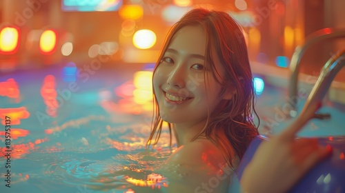  A woman smiles, seated in a hot tub, centrally located within a lit swimming pool Building visible behind