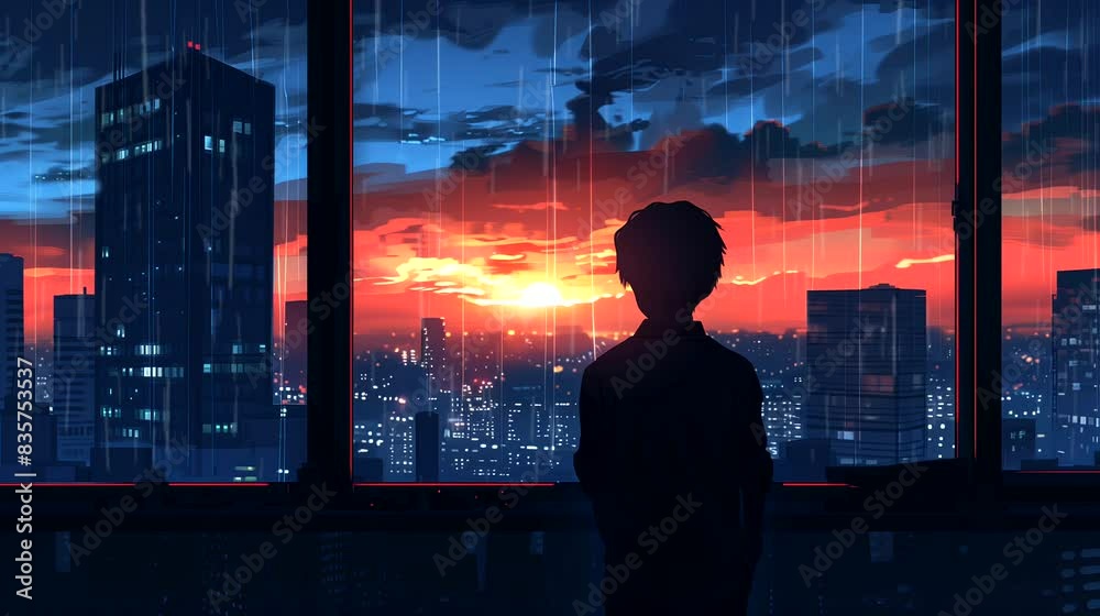 Silhouette boy observing in rain the city Beyond the Window at sunset. Fantasy landscape anime or cartoon style, looping 4k video animation background Silhouette boy observing in rain the city Beyond the Window at sunset. Fantasy landscape anime or cartoon style, looping 4k video animation background