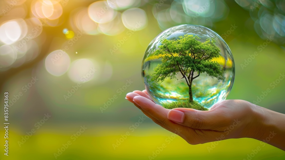 Hand holding a glass globe with a tree, representing ecofriendly practices