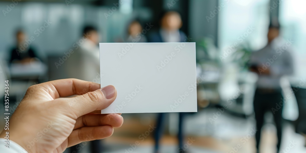 Hand holding a blank card with office workers blurred in the background Hand holding a blank card with office workers blurred in the background
