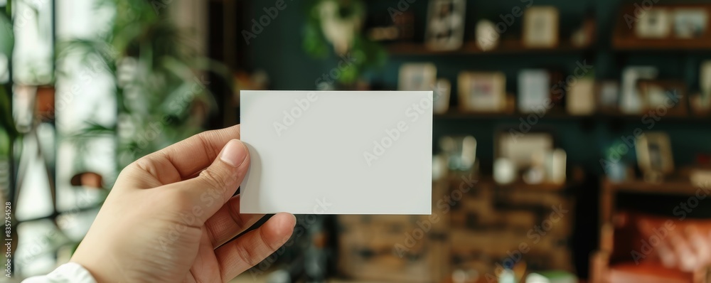 Hand holding a blank business card with a professional office in the background Hand holding a blank business card with a professional office in the background