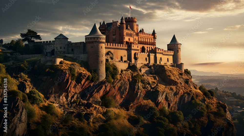 Castle on mountain summit, overlooking vast landscapes. Castle on mountain summit, overlooking vast landscapes.