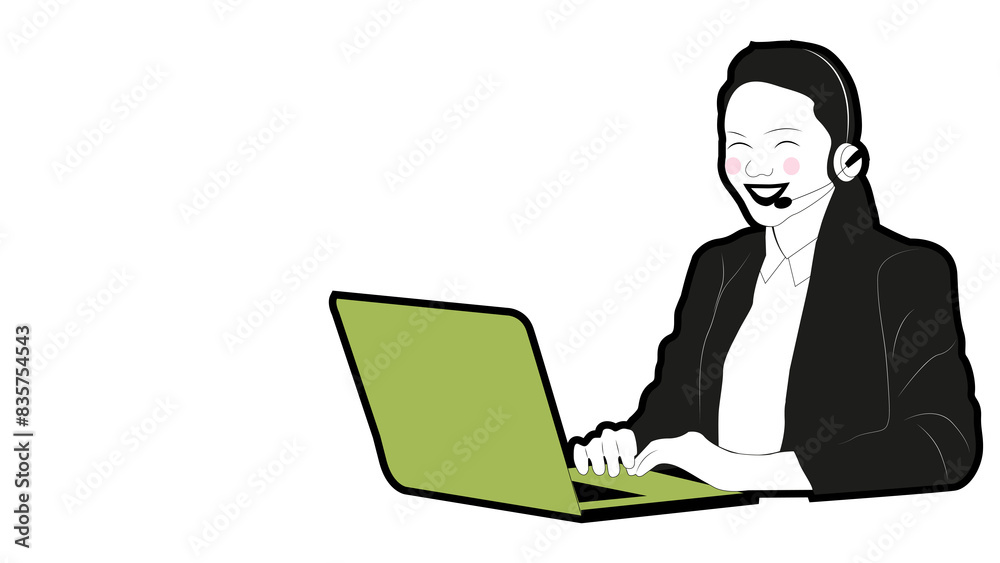 Gorgeous young businesswoman with long black hair and in illustration formal wear using computer and talking on the phone. Multitasking concept. copy space Gorgeous young businesswoman with long black hair and in illustration formal wear using computer and talking on the phone. Multitasking concept. copy space