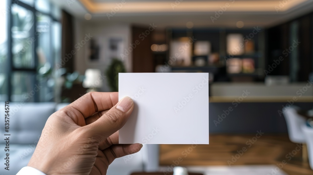 Hand holding a blank business card with a professional office in the background Hand holding a blank business card with a professional office in the background