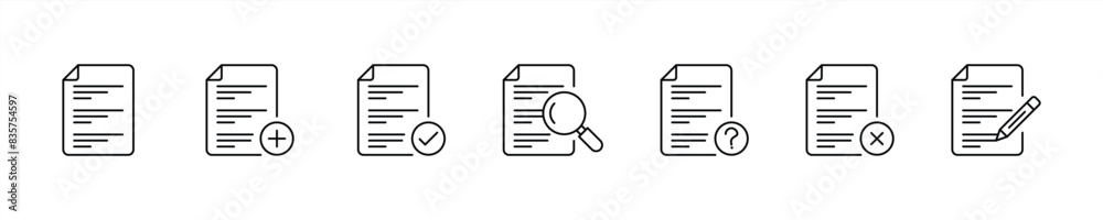 set of paper document icon thin line style. quality control, checklist, document page with check mark, magnifier, pencil, write icon. vector illustration set of paper document icon thin line style. quality control, checklist, document page with check mark, magnifier, pencil, write icon. vector illustration