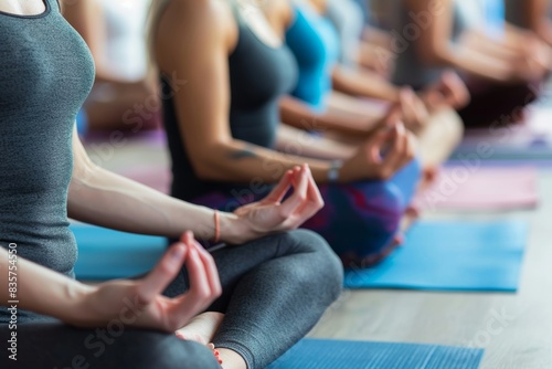 Group of sportive adult people doing lotus pose, yoga class practice and exercise concept. Meditation, breathing, peace and quiet at hatha yoga training with coach. Close up on hands, Generative AI photo