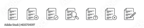 set of paper document icon thin line style. quality control, checklist, document page with check mark, magnifier, pencil, write icon. vector illustration