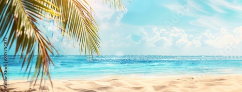Beautiful beach background with golden sand and blue sky. Summer vacation concept, banner for product display presentation. Blurred tropical sea and palm trees on a blurred background