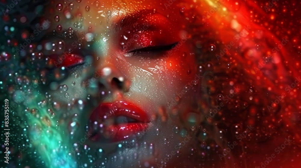 Obraz premium A woman stands before a window, eyes closed, as raindrops cascade onto her face