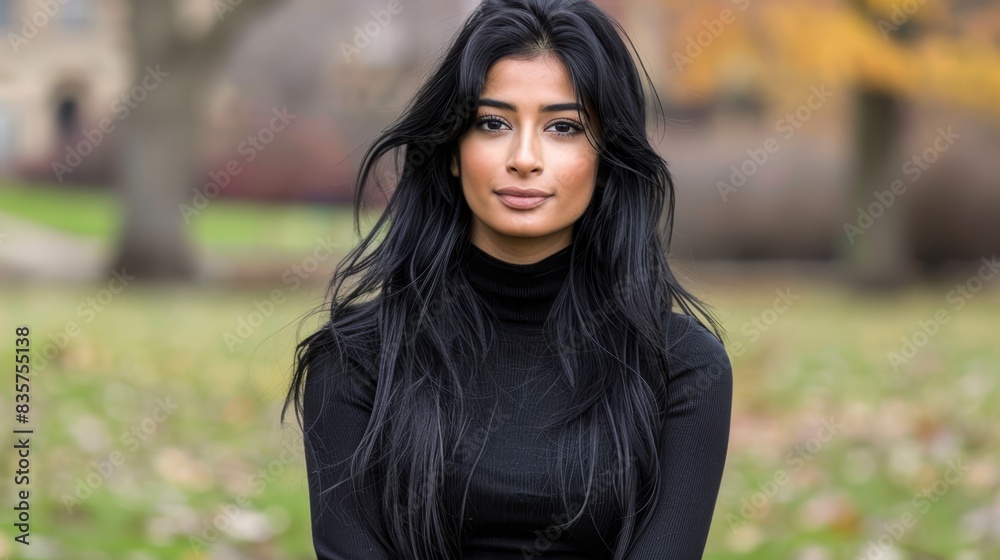 A woman with long black hair poses before a grassy scene Behind her, a black turtleneck contrasts against trees and a house in the backdrop A woman with long black hair poses before a grassy scene Behind her, a black turtleneck contrasts against trees and a house in the backdrop