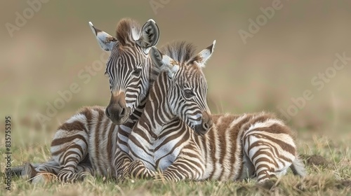  A couple of zebras recline beside each other on a lush green field against a brown and tan backdrop A baby zebra stands near its parents
