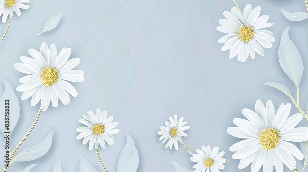 Daisies floral, luxury botanical on light blue background vector, empty space in the middle to leave room for text or logo, gold line wallpaper, leaves, flower, foliage, hand drawn