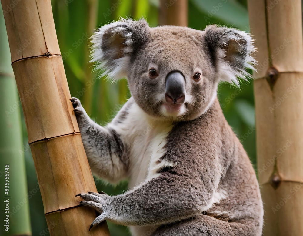 Obraz premium Animal australiano, koala bebé sobre ramas de bambú en su habitad natural