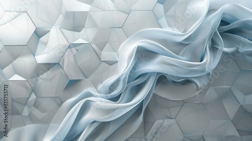 Cool blue smoke winds across structured grey hexagons, soft yet precise. photo