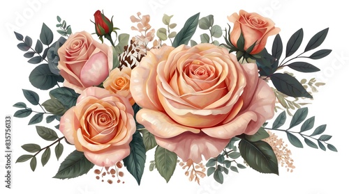 Beautiful romantic flower collection with roses, leaves, floral bouquets, flower compositions.
