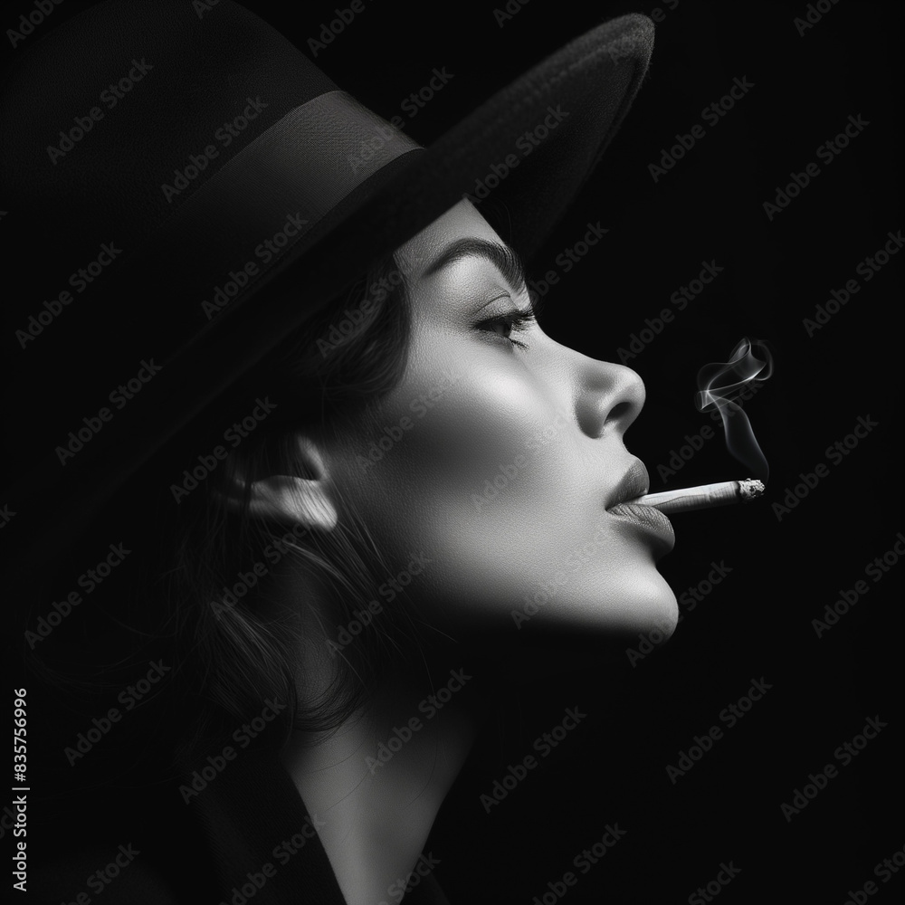 Fototapeta premium Portrait of a Woman with a Cigar | Black and White Woman Smoking | Woman in Black Hat Smoking