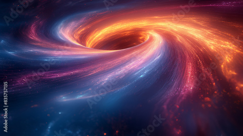 Backdrop of a rotating black hole emitting bright light and surrounded by dust particles in motion