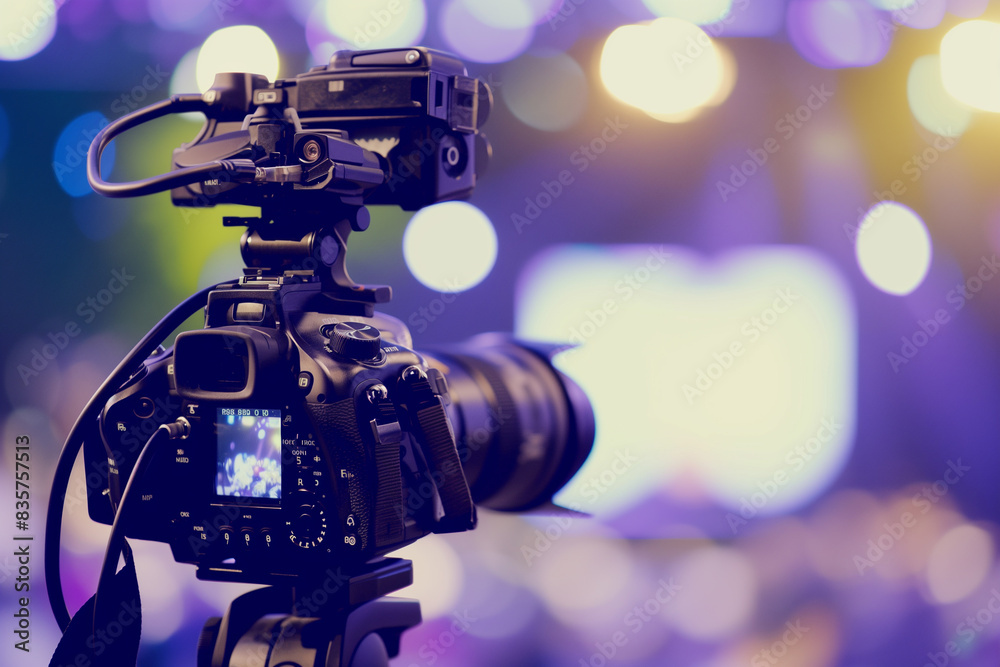 A camera on a tripod facing a purple bokeh background. A camera on a tripod facing a purple bokeh background.