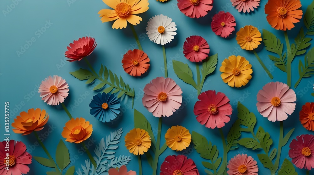 top view of colorful paper cut flowers with green leave.generative.ai top view of colorful paper cut flowers with green leave.generative.ai