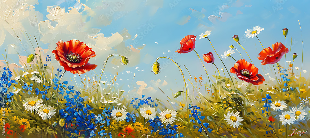 a colorful array of flowers, including red and orange blooms, white flowers, and yellow and white flowers, bloom in a field under a blue sky a colorful array of flowers, including red and orange blooms, white flowers, and yellow and white flowers, bloom in a field under a blue sky