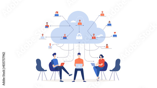 Businessman working connected online on cloud technology network and social network concept Remote working and data storage External business processes  flat vector illustration