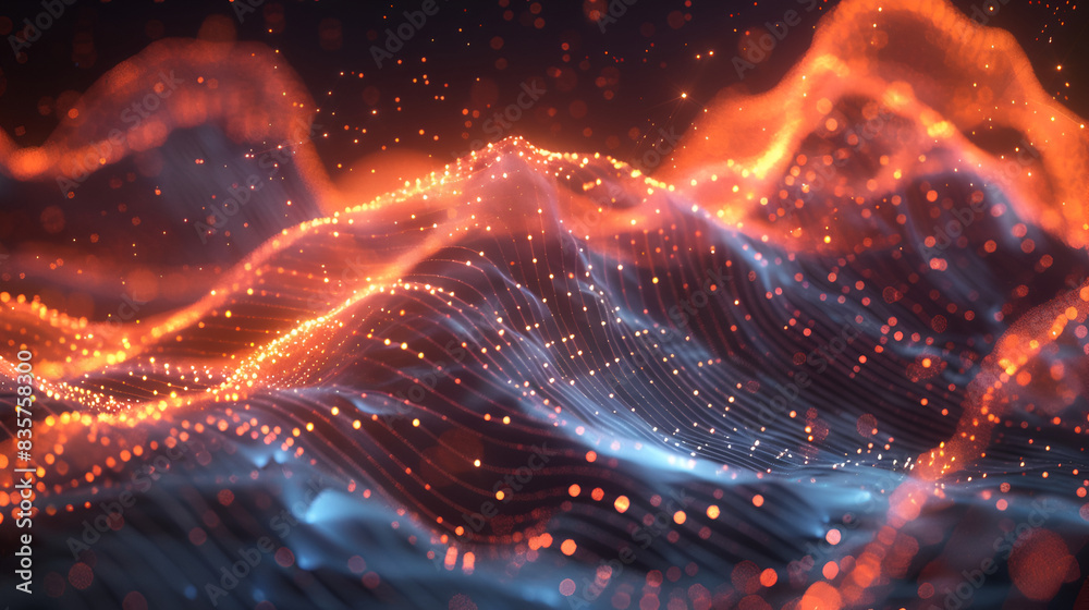 Obraz premium Abstract shiny wave background in purple, pink and blue lights. Digital luxury sparkling wave particles, background streams, digital data flow movement