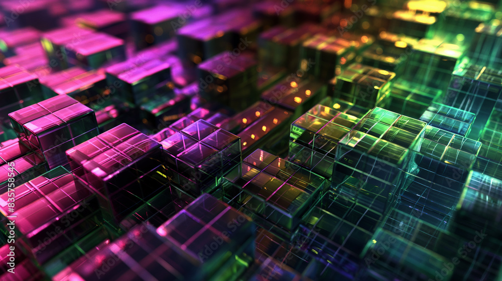 Iridescent Neon Cube Science background with moving points and lines network connection technology Digital structure with particles. 3D rendering. Iridescent Neon Cube Science background with moving points and lines network connection technology Digital structure with particles. 3D rendering.