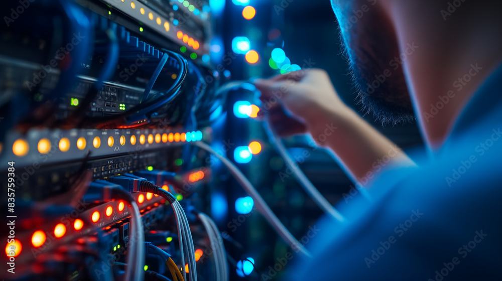 Hand holding the network cable connected to the server. To connect the Lan port in the Datacenter room, communication connection technology concept Hand holding the network cable connected to the server. To connect the Lan port in the Datacenter room, communication connection technology concept