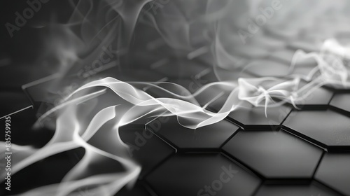 White smoke elegantly glides over a hexagonal black pattern, minimalist elegance. photo