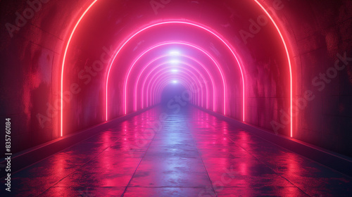 Dark tunnel with 3D glowing lights, abstract background, neon, blue, pink, purple, ultraviolet light, empty nightclub interior, tunnel or fashion podium walkway, performance stage decoration.