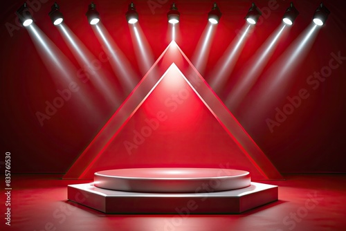 Red stage with a glowing triangle backdrop.