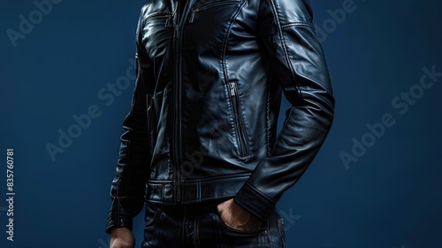 Male fitness model in a sleek black leather jacket with dark jeans, isolated on an indigo background