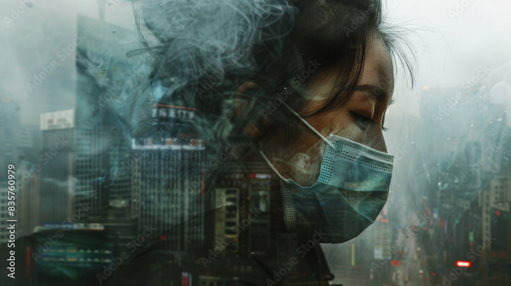 A woman breathes through a mask in the polluted air of the city.