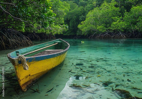 A solitary boat rests at the fringe of the mangrove realm, its presence a testament to the delicate balance between human exploration and natural sanctuary. photo