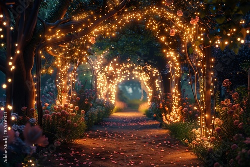 A magical garden illuminated by fairy lights