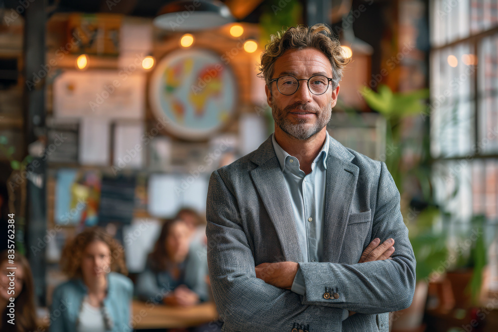 Knowledgeable male business expert conducts an interactive seminar for international company employees in a well-appointed training room Knowledgeable male business expert conducts an interactive seminar for international company employees in a well-appointed training room