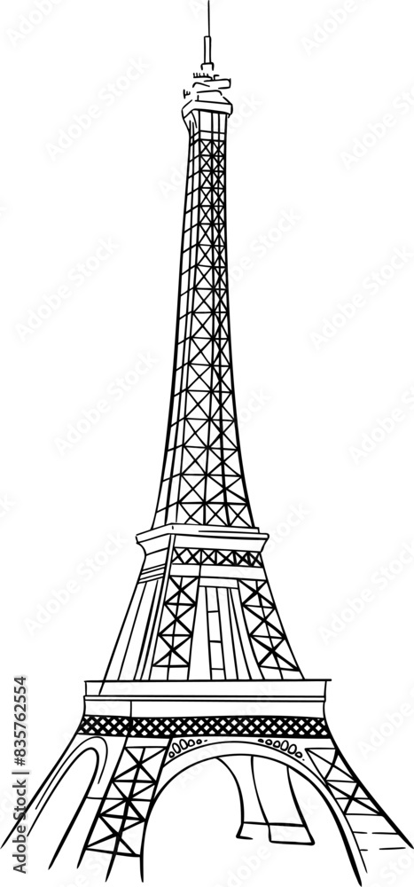 Obraz premium Vector illustration of Eiffel Tower. Travel to Paris poster, greeting card, print with hand drawn. France famous symbol. Black silhouette for circuit