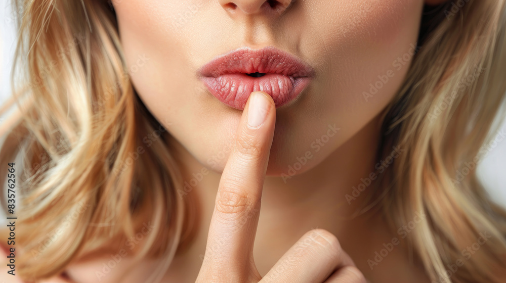 A woman with her finger to her lips, indicating secrecy or confidential information. The image is on a white background with a zoomed-in mouth making a quiet or silence gesture. A woman with her finger to her lips, indicating secrecy or confidential information. The image is on a white background with a zoomed-in mouth making a quiet or silence gesture.