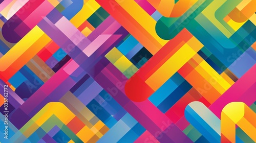 A sophisticated vector illustration showcasing interlocking geometric patterns in vibrant Pride colors, creating a balanced and harmonious composition, perfect for Pride month campaigns, with a white photo
