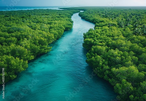 From above, a sprawling expanse of mangroves unfolds, a verdant maze embraced by the azure embrace of the sea, a symphony of green and blue.