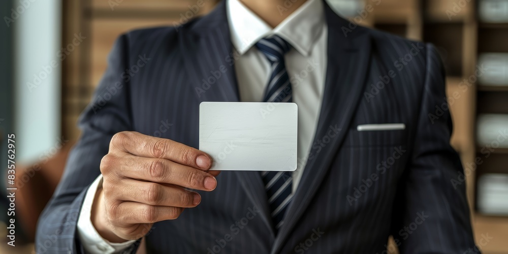 Businessperson showing an empty card in a contemporary work environment Businessperson showing an empty card in a contemporary work environment