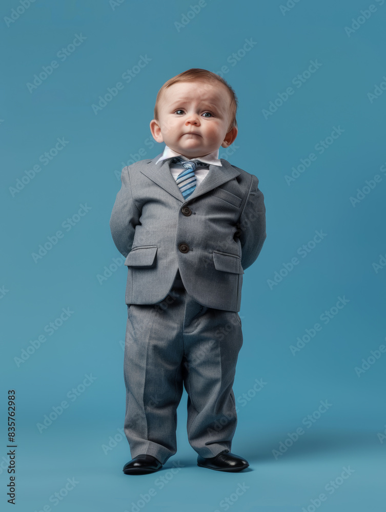 Serious business baby boss isolated on blue background. Serious business baby boss isolated on blue background.