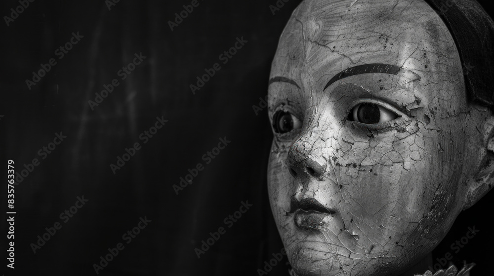 An eerie mannequin, like a puppet frozen in time. A chilling doll, its face painted in haunting black and white. An eerie mannequin, like a puppet frozen in time. A chilling doll, its face painted in haunting black and white.