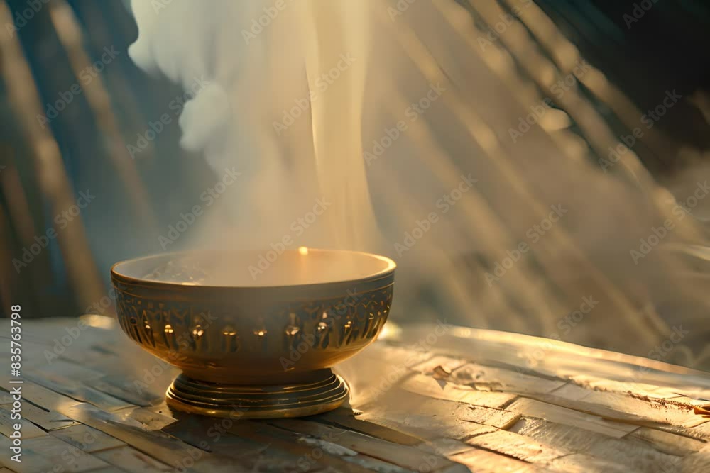 Incense Burning, Traditional Aroma Incense Smoke, Arabian Bakhoor Burning in a Ray of Light, Copy Space, Generative AI Illustration