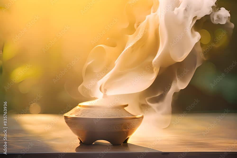 Incense Burning, Traditional Aroma Incense Smoke, Arabian Bakhoor Burning in a Ray of Light, Copy Space, Generative AI Illustration