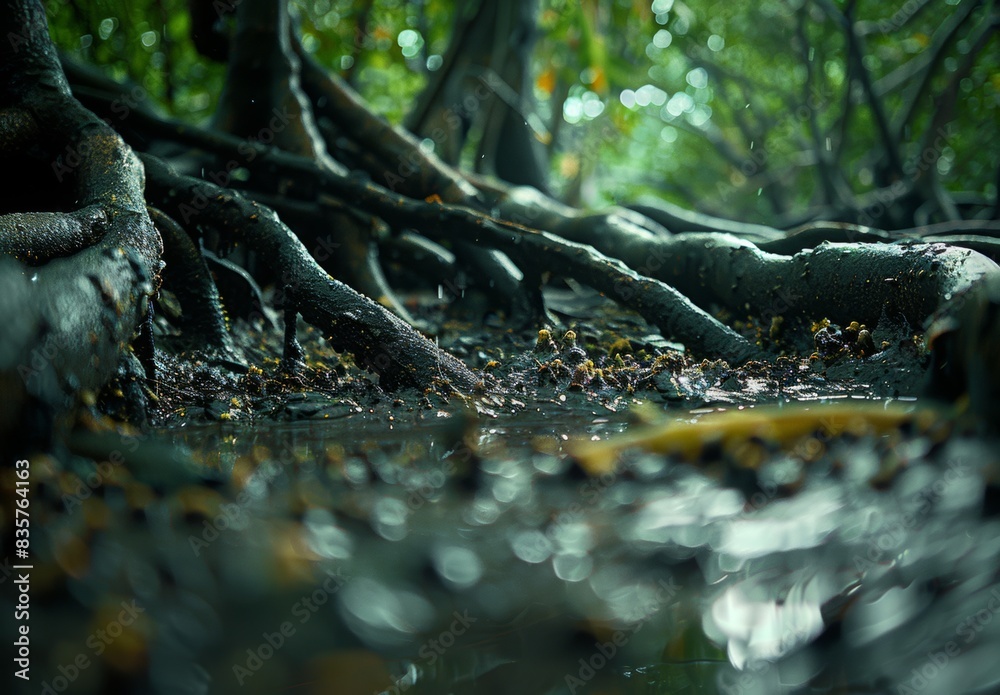 In the intimate world of mangrove roots, tiny crabs scuttle about, weaving through the intricate tangle of earth and water, a microcosm of life's vitality. In the intimate world of mangrove roots, tiny crabs scuttle about, weaving through the intricate tangle of earth and water, a microcosm of life's vitality.