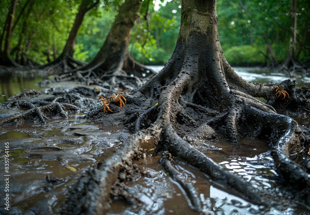 In the intimate world of mangrove roots, tiny crabs scuttle about, weaving through the intricate tangle of earth and water, a microcosm of life's vitality. In the intimate world of mangrove roots, tiny crabs scuttle about, weaving through the intricate tangle of earth and water, a microcosm of life's vitality.