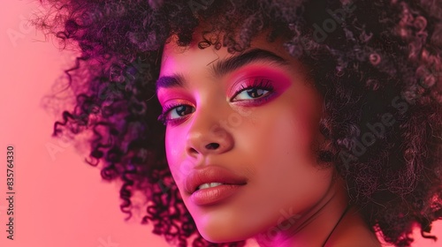 Vibrant portrait of a young woman with curly hair. Bright makeup highlights her features. Modern style captured in vivid colors. AI