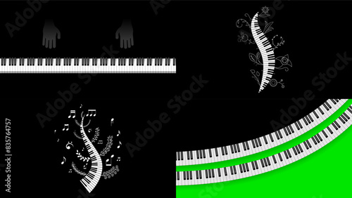 Set Abstract Collection Piano Keys Music Keyboard Instrument With Plants Brunch Botanical Doodle Outline Melt Song Melody Vector Design Style